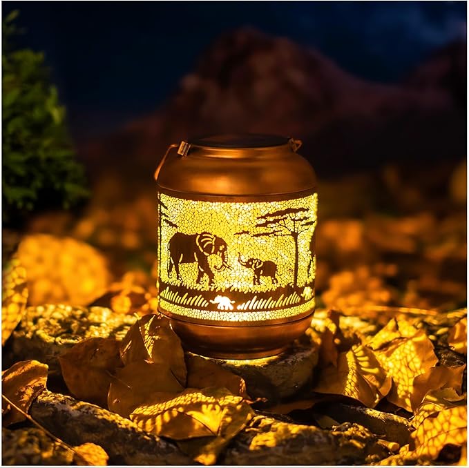 Elephant Solar Lanterns Outdoor Waterproof Hanging Solar Lights Elephant Gifts for Women/Men/Elephant Lovers Gifts Metal Decorative LED Elephant Lanterns for Garden Decor,Patio,Lawn,Pathway,Yard
