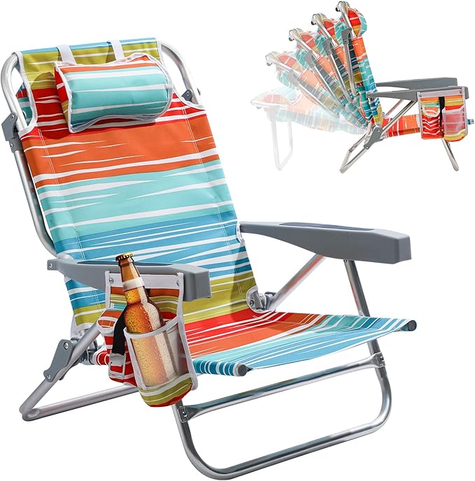 5-Position Aluminum Lay Flat Backpack Beach Chair, Compact Portable Low Beach Chairs for Adults with Cooler Pouch, Storage Pouch, Towel Bar, Cup Holder & Phone Holder, Multicolor Stripe