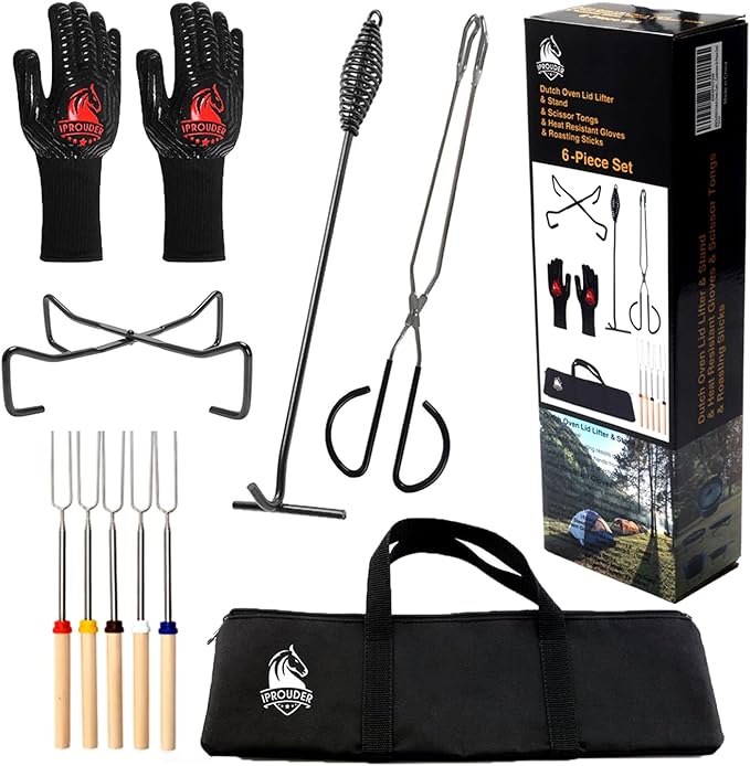 6-in-1 Dutch Oven Camping Accessories Kit - Campfire Cooking Equipment with Marshmallow Roasting Sticks, Heat-Resistant Gloves, 16" Scissors Tongs, Lid Lifter & Lid Stand