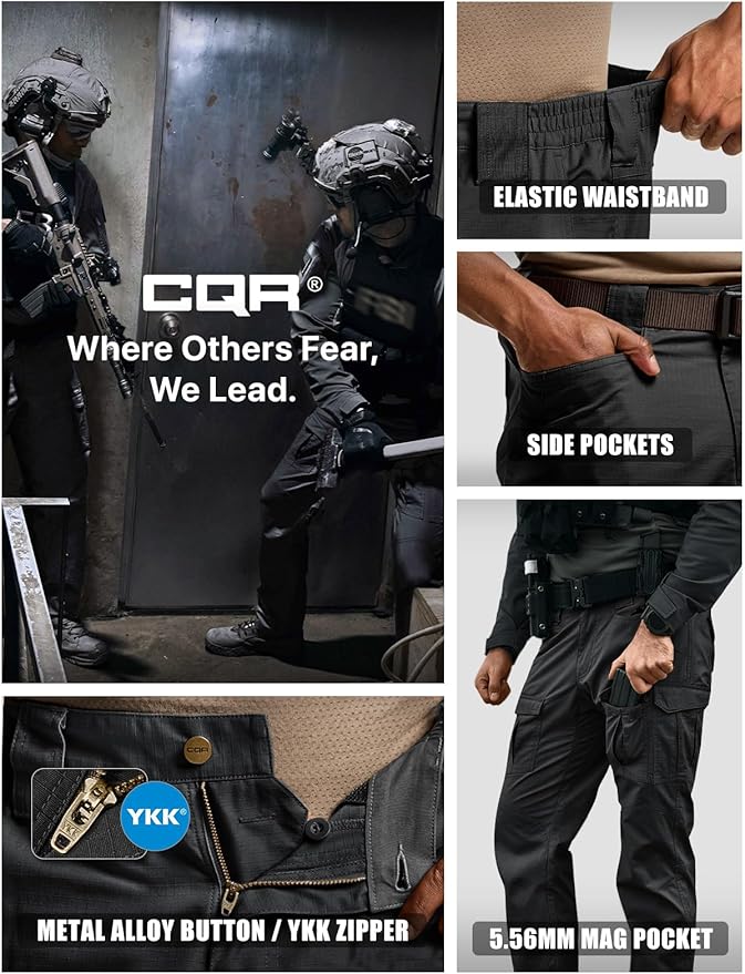 CQR Men's Flex Ripstop Tactical Pants, Water Resistant Stretch Cargo Pants, Lightweight EDC Hiking Work Pants