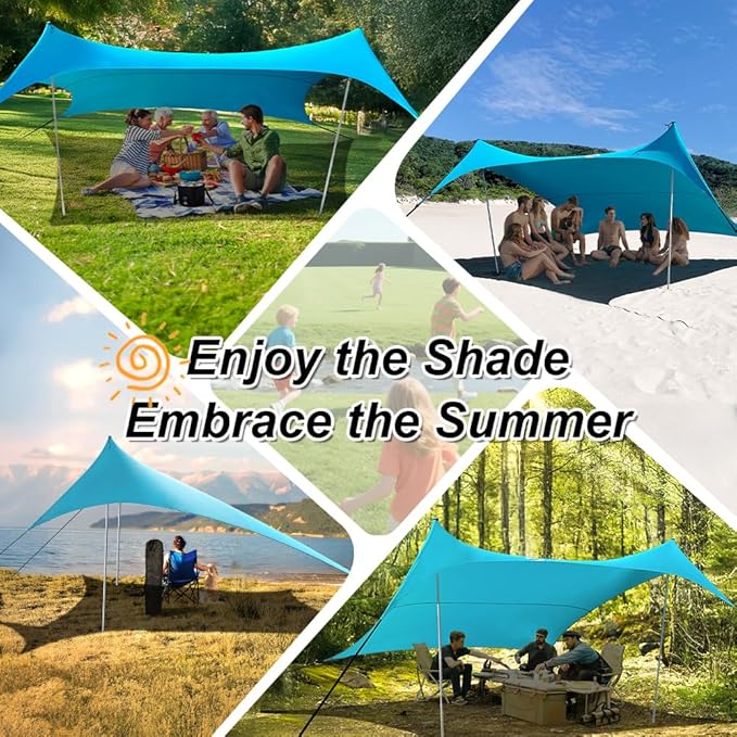 10×10ft UPF50+ Beach Tent Sun Shelter, Windproof Stable Outdoor Pop Up Beach Shade Canopy for Camping, Fishing, Backyard Fun or Picnics, 2 Poles