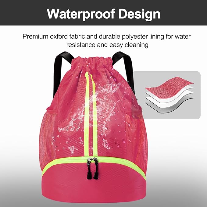 Hoedia Sports Drawstring Backpack - String Swim Gym Bag with Shoes Compartment and Wet Proof Pocket for Women/Men (Pink)