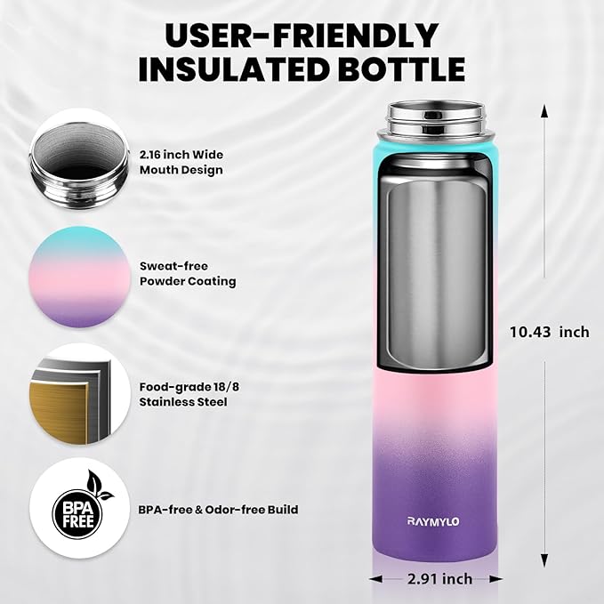 Insulated Water Bottle 24oz, Triple Wall Vacuum Stainless Steel (Cold for 48 Hrs, Hot for 24Hrs), Leak Proof & Non-BPA, 24oz Hydro Water Flask with Paracord Handle & Straw Spout Lids