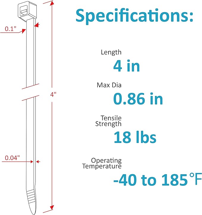 Zip Ties 4 inch, Small Zip Ties with 18 lb Tensile Strength, Black, 1000 Pack, by Tantti Supply