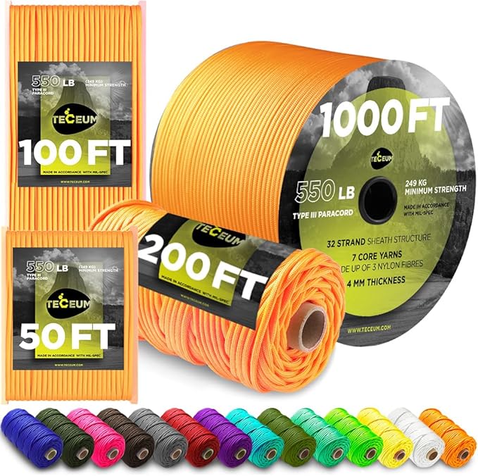 TECEUM 5/32" Paracord Rope 1000 – 1000ft / 200ft / 100ft / 50ft – Tactical Parachute Cord 4mm – 45+ Colors – Nylon String for Survival & Camping Gear – Stripe Cord for Survival – Utility Rope