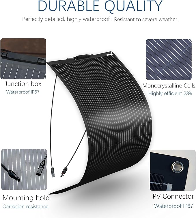 Flexible Solar Panel 100W 105W 12V Monocrystalline 250° Curvature Fiberglass High Efficiency Lightweight for RVs Boat Cabin (Black)