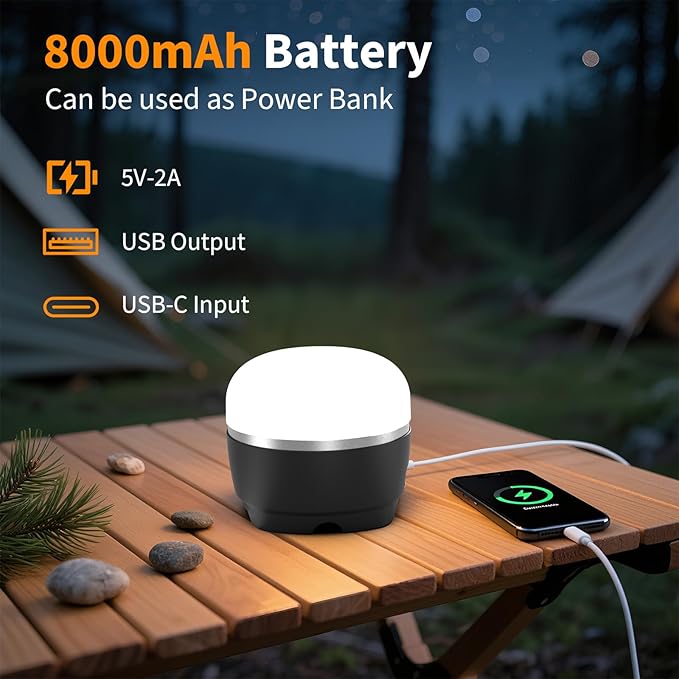 LED Camping Lantern Rechargeable 8000mAh, 3 Color Light Camping Tent Light, IP44 Waterproof Magnetic Hanging Light for Camping, Hurricane, Power Outages, Survival Kits, Black Emergency Light
