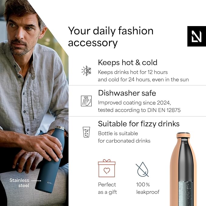 LARS NYSØM Stainless Steel Insulated XL Water Bottle 12 oz 17 oz 25 oz 34 oz 51 oz | Insulated Thermo Flask for Hot and Cold Beverages | Leakproof Drinking Bottle (Creamy Peach, XL 50.7 oz)