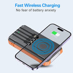 DJKK Solar Power Bank Wireless Charger 52800mAh Built in 4 Cables and LED Camping Lights 22.5W Fast Charging Power Bank 7 Outputs 4 Inputs Portable Charger Compatible with All Mobile Devices (Orange)