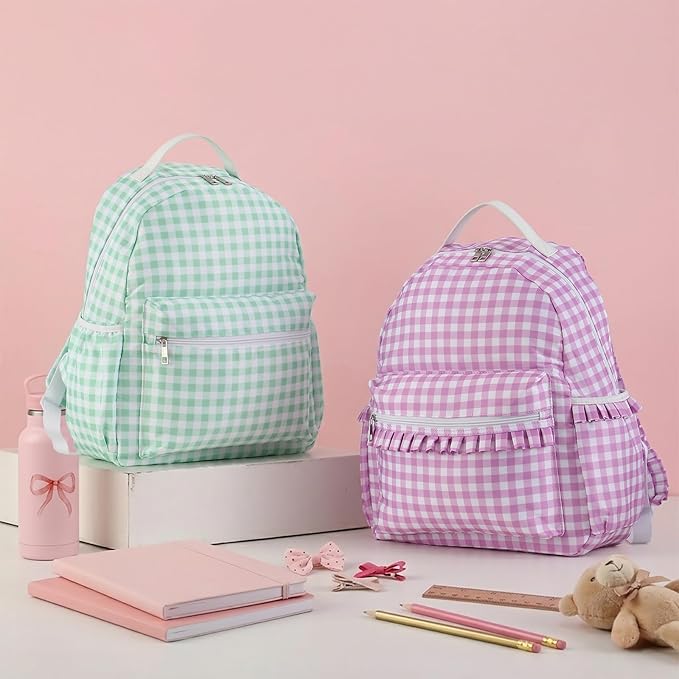 DYSHAYEN Gingham Kids Backpack,15 Inch School Backpack for Girls Boys,Kindergarten Large Bookbag Age 5-8 for Birthday Gifts School Overnight (Purple)