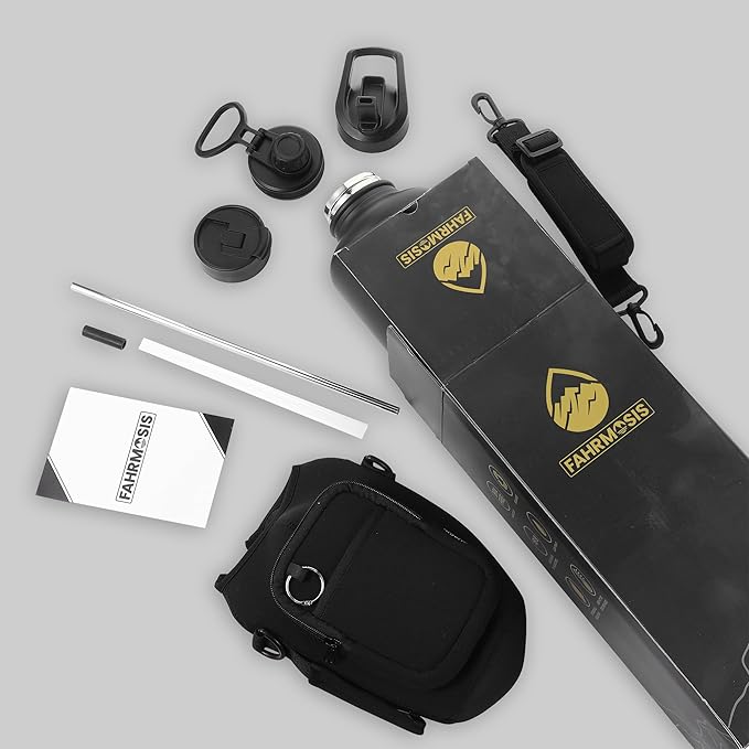 64 Oz Insulated Water Bottle with Strap Stainless Steel Sports Water Bottle with 3 Lids (Straw, Chug and Flip Lid) Leak Proof Metal Half Gallon Jug for Men & Women - Black