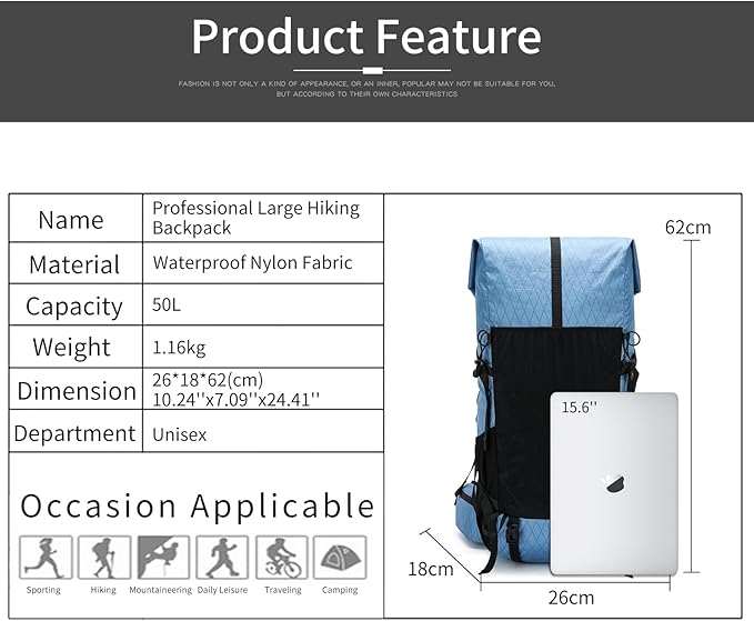 Hiking Backpack,40L to 50L Extra Large Capacity Hiking Bag,Internal Frame Camping Backpack,Upgraded X-PAC Lightweight Sport Daypack Travel Backpack Fit For Mountain Climbing Camping(Blue)