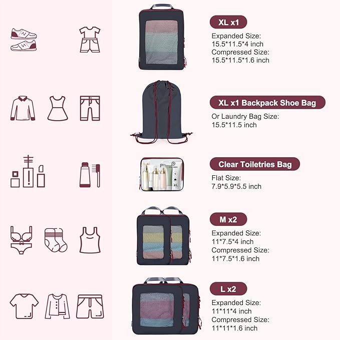 7 Set Compression Packing Cubes Packing Organizer for Travel,Travel Accessories for Carry on Luggage Suitcase Backpack Expandable Organizers