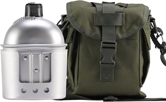 Military Canteen with Cup Stove and Molle Pouch Military Surplus Army Canteen for Outdoor Camping Hiking Surviving Backpacking