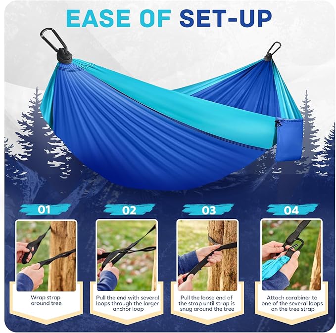 Camping Hammock Lightweight, Portable Hammocks Parachute Hammock with Two Tree Straps, Single or Double Travel Swing Nylon Camp Hammocks, Outdoor Essentials for Beach Backpacking Hiking, Blue