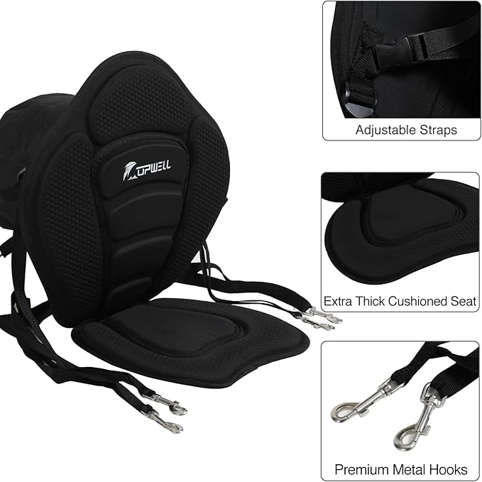 UPWELL Universal Kayak Seat with Detachable Storage Bag & 4 Adjustable Strap, Paddle Board Seat with Memory Foam Padded and Backrest for Kayak, Canoe, Sup