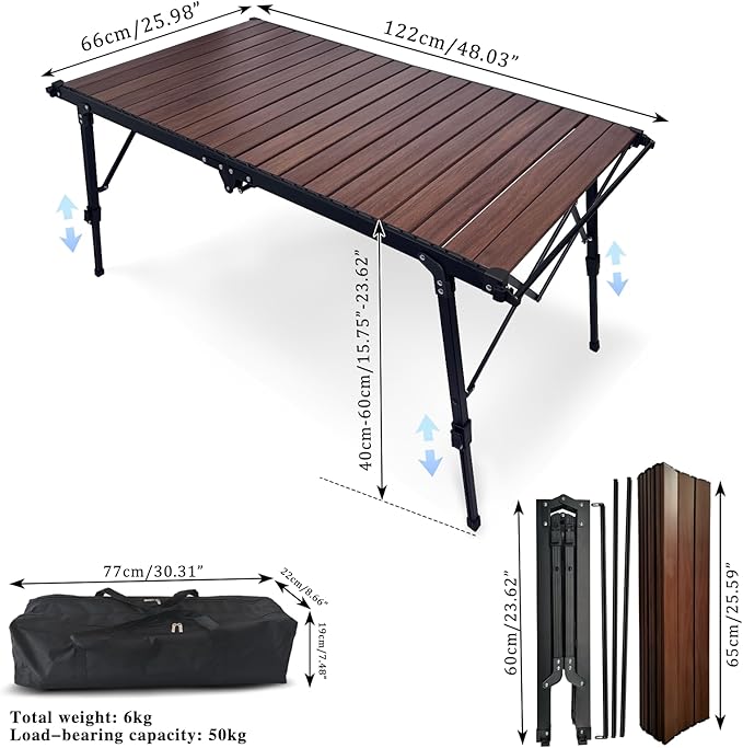 4FT Folding Camping Table, Adjustable Height Aluminum Roll Up Table with Carry Bag, Loads 110LBS, 2-6 Person Lightweight Portable Picnic Table for Outdoor, Grilling, Barbecue,Travel. Walnut