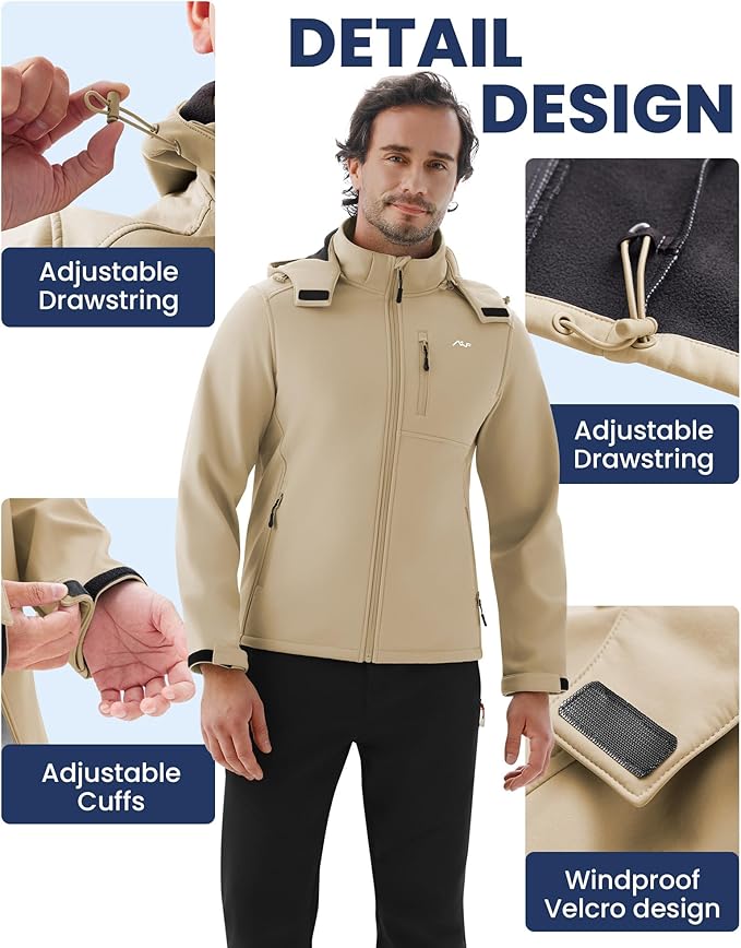 WULFUL Men's Softshell Jacket Waterproof Lightweight Insulated Windbreaker Fleece Lined Rain Shell Jacket for Hiking Travel