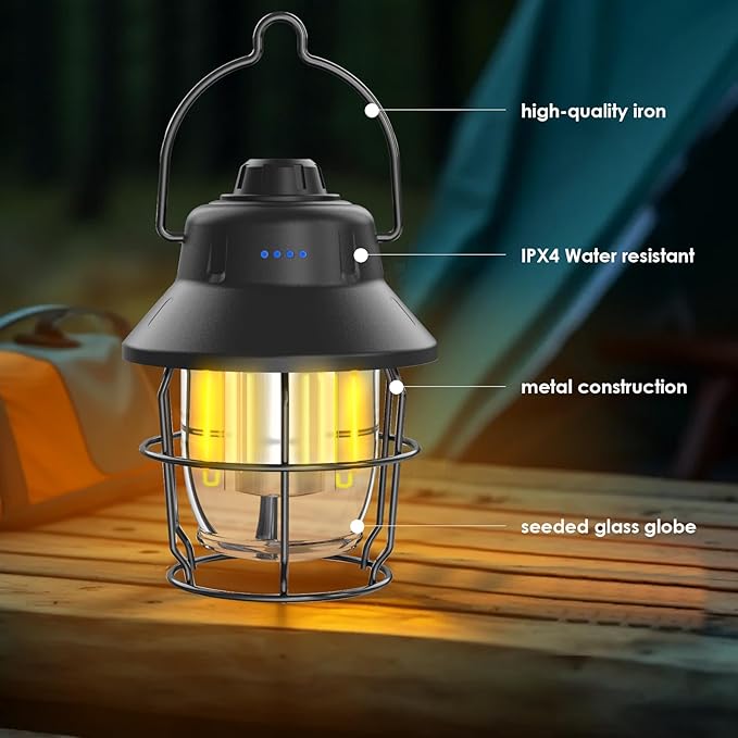 Rechargeable LED Camping Lantern, Mini Retro Portable Waterproof Lantern, 1000LM, 3 Light Modes (2700-6500K) Stepless Dimming Brightness, Hanging Tent Light for Camping, Power Outages