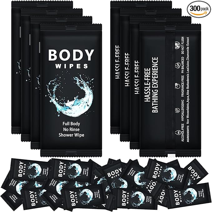 Treela 300 Pcs Bulk Deodorant Large Body Wipes Individually Wrapped Wet Wipes Travel Size for Adults Shower for Homeless Supplies Hygiene Personal Cleansing for Hiking Gym(7.09" X 9.84",Black)