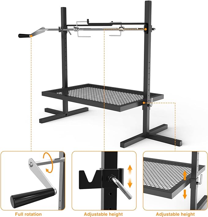 only fire Adjustable Grill Rotisserie System and Spit, Over Fire Camp Grill with Cooking Grate for Outdoor Open Flame Cooking