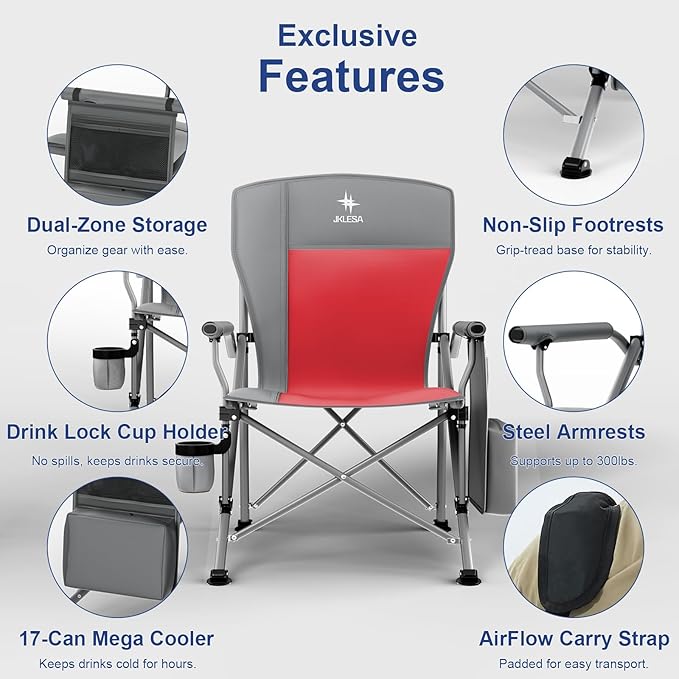 XL Heavy Duty Camping Chair 396lb Capacity (525lb Max) – Waterproof 1680D Oxford Fabric, 2" Padded Seat & Back, Cup Holder, Cooler Pocket, Portable for Camping, Beach & Tailgating (Slate/Red)