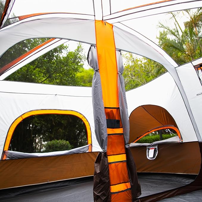 KTT Large Family Cabin Tent 10-12 Person,14.1X10X6.58ft,2 Rooms,3 Storage Pockets,2 Bay-Windows 3 Doors and 3 Windows with Mesh,Straight Wall,Waterproof,Double Layer,Big Tent for Outdoor,Camping