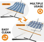 2 Person Outdoor Hammock with Stand, Cotton Rope Hammock with Polyester Pad, Adjustable Steel Frame, Portable with Carrying Bag – for Patio, Backyard, Garden, Beach, Blue Stripe