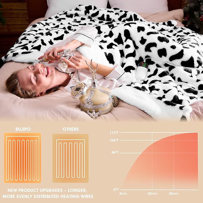 Cow Print Heated Electric Blanket Throw,50X60 Black Heating Blanket with 10 Heats Levels & 8 Hours Auto Off,Cute Cow Decor Stuff Soft Fleece Sherpa Blankets Warmer Gifts for Women Washable,ETL