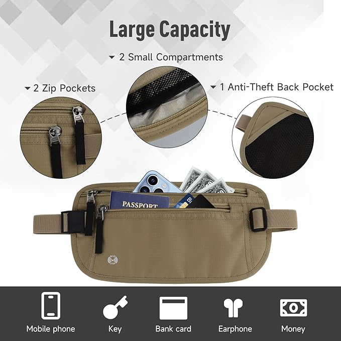 FuninCrea Waterproof Hidden Money Belt for Travel, Anti-Theft Belt Bag with RFID Blocking Function Adjustable Slim Waist Bag with 2 Zipper Pockets and 1 Back Pocket for Travel Running (Style 2, Khaki)