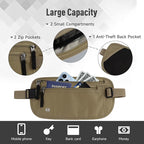 FuninCrea Waterproof Hidden Money Belt for Travel, Anti-Theft Belt Bag with RFID Blocking Function Adjustable Slim Waist Bag with 2 Zipper Pockets and 1 Back Pocket for Travel Running (Style 2, Khaki)