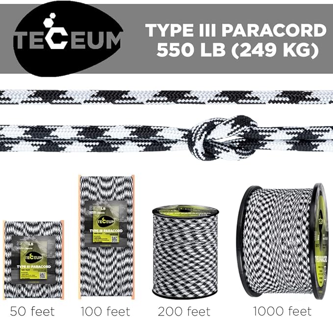 TECEUM 5/32" Paracord Rope 1000 – 1000ft / 200ft / 100ft / 50ft – Tactical Parachute Cord 4mm – 45+ Colors – Nylon String for Survival & Camping Gear – Stripe Cord for Survival – Utility Rope