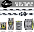 TECEUM 5/32" Paracord Rope 1000 – 1000ft / 200ft / 100ft / 50ft – Tactical Parachute Cord 4mm – 45+ Colors – Nylon String for Survival & Camping Gear – Stripe Cord for Survival – Utility Rope
