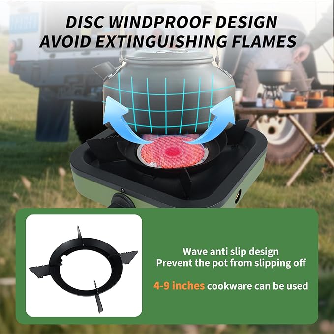 Propane Portable Camping Stove, Single Burner Propane Camp Stove, with Gas Hose, Small Camping Stove, Square Design, Army Green and Black