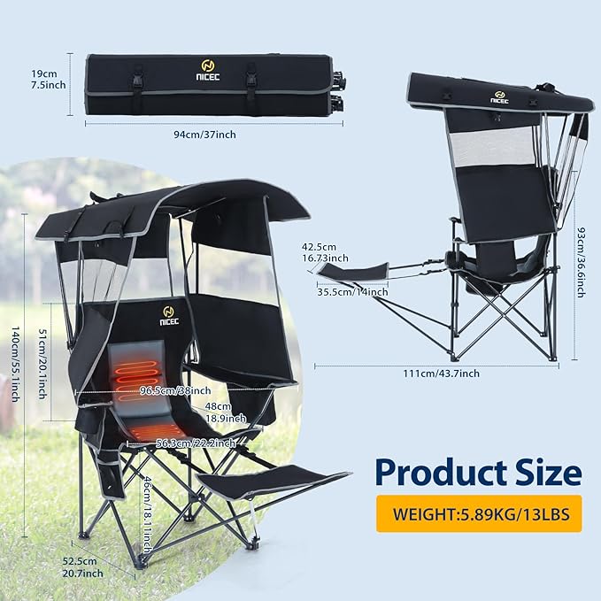 Nice C Chair with Canopy, Heated Camping Chair with Battery, Outdoor Sports Chairs with Shade, Heated Folding Umbrella Chairs, with Removable Footrest (2-Pack)