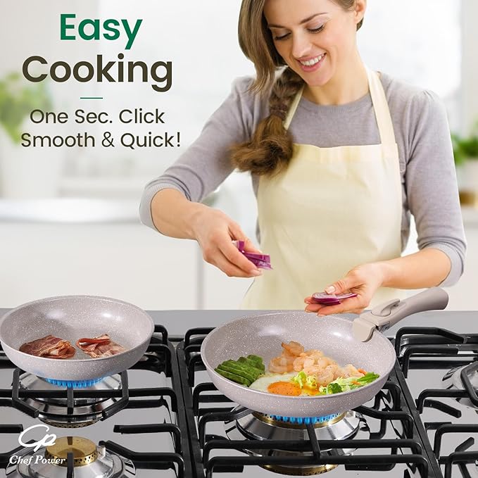 Chef Power Ceramic Nonstick Pots and Pans Set 19 Piece with Detachable Handle, Induction Dishwasher Oven Safe Cookware Set, RV Kitchen Set Removable Handle, Mocca Taupe