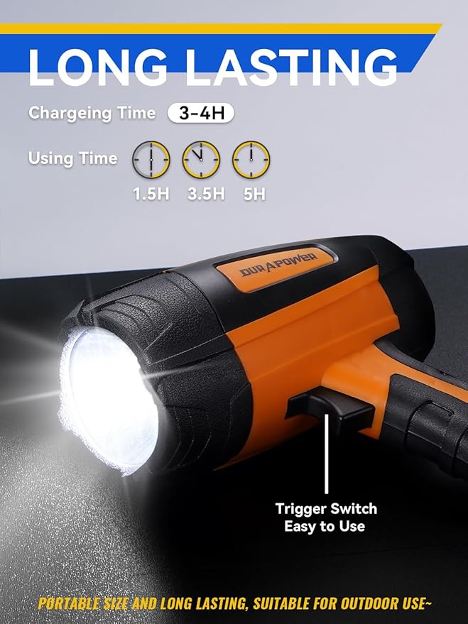 Durapower Rechargeable Spotlight, 500 Lumens LED Spotlight Flashlight, IPX2 Waterproof Handheld Spot Light for Indoor Outdoor Farm Camping Emergency (Orange)