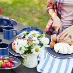 Nuogo 12 Pcs Enamel Camping Tableware Set Dinnerware Kit Includes 12 oz Coffee Mugs Camping Plates Bowls and Utensils Set with Knife Fork Spoon for 2 People Hiking Picnic Outdoor