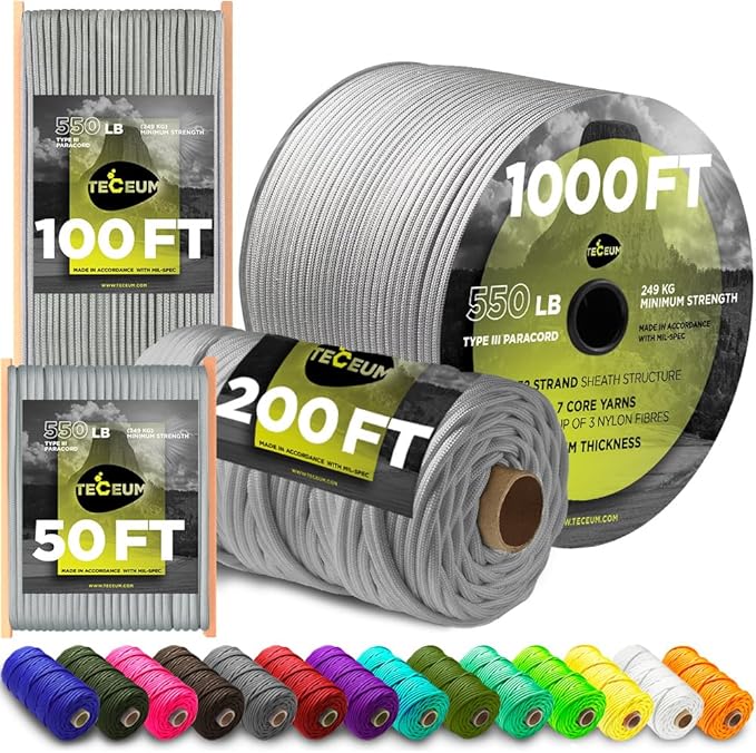 TECEUM 5/32" Paracord Rope 1000 – 1000ft / 200ft / 100ft / 50ft – Tactical Parachute Cord 4mm – 45+ Colors – Nylon String for Survival & Camping Gear – Stripe Cord for Survival – Utility Rope