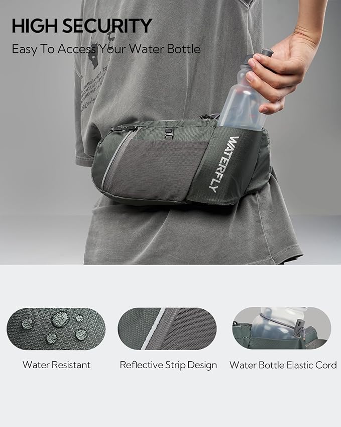 WATERFLY Fanny Pack Waist Bag: Hiking Water Bottle Holder with Strap Waist Pack for Women Men Hydration Hip Packs for Running Walking Traveling-Gray