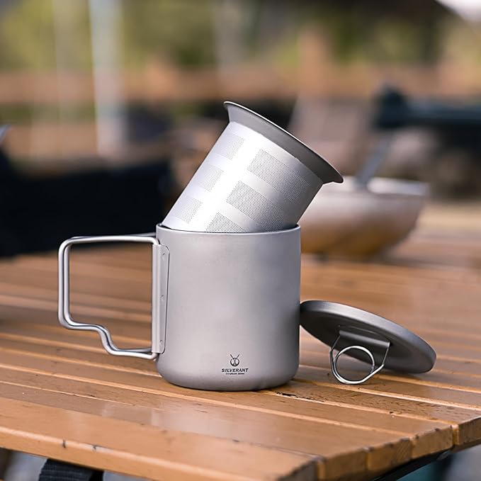 Camping Mug Titanium Double Wall Coffee Tea with Cup Inner Filter with Folding Handle
