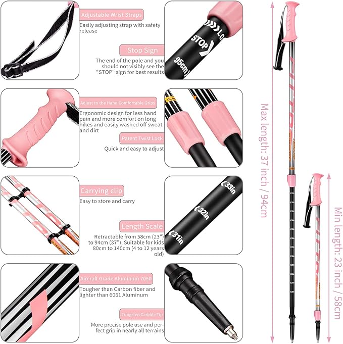 Hiking Poles for Kids - Ultralight Nordic Walking Sticks - Telescopic Child Trekking Poles Collapsible 2 Pack