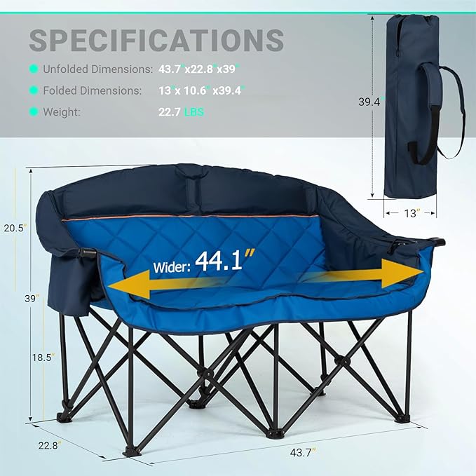 Overmont Oversized Double Camping Chair - 2 Person Comfort Couch Chair Loveseat for Adults - Heavy Duty Lawn Chairs with Cooling Bag&Wine Racks - Support 850LBS Blue