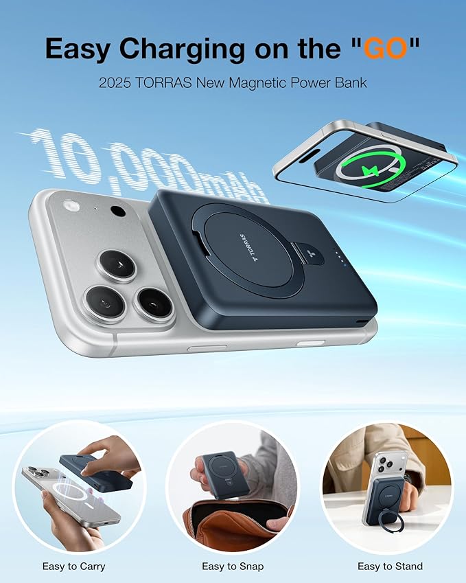 TORRAS EasyGo 10000mAh Magnetic Portable Charger Power Bank for iPhone, Fast Charging Travel Essential Wireless Battery Pack Compatible with Magsafe, iPhone Air, Pro, Pro Max,17,16,15,14,13,12, Black