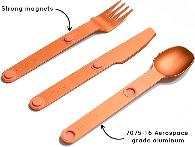 FULL WINDSOR - MAGWARE Magnetic Camping Cutlery Set - Travel Utensils for Camping, Cooking, and Outdoor Dining - Knife, Fork & Spoon - Portable Silverware with Pouch for Backpacking - Orange (3 PCS)