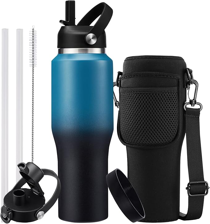 32oz Insulated Water Bottle with Straw - Spout Lid, Protective Boot, Vacuum Stainless Steel Bottles Leak-Proof, Thermo Mug Flask Fit in Car Bike Cup Holder Father's Day Gift