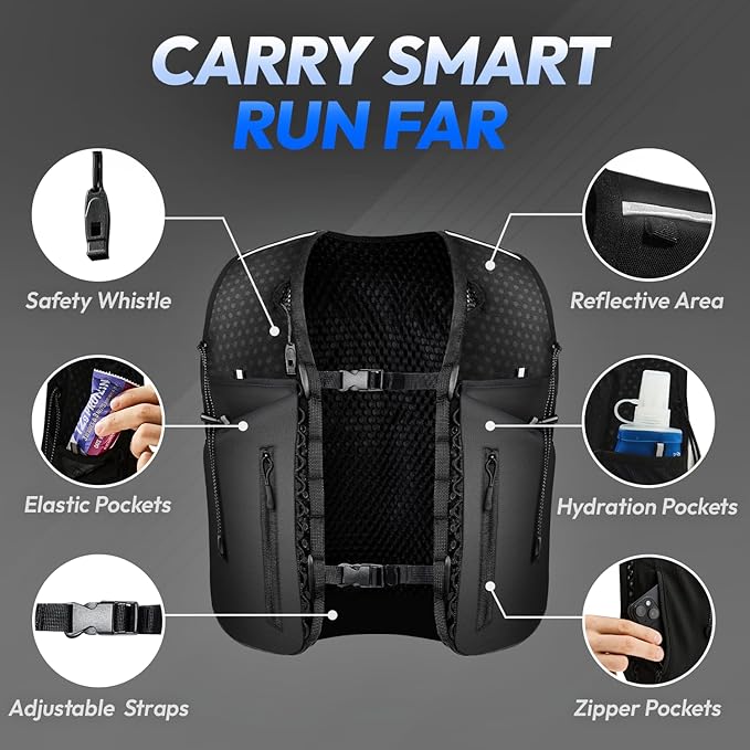 All-in-One Multi Sport Running Vest including Water Bottle, Whistle, 11 Pockets & 6 Straps – Ergonomic Lightweight Reflective Gear