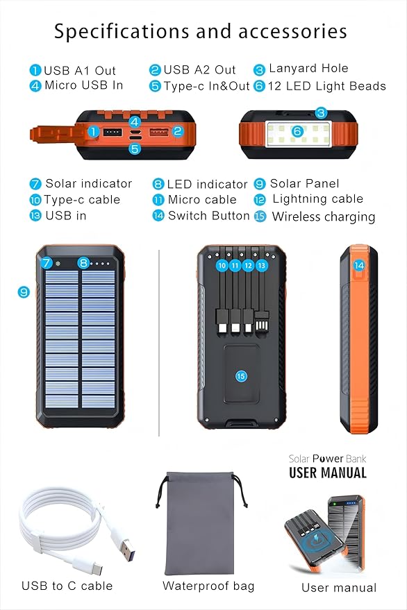 DJKK Solar Power Bank Wireless Charger 52800mAh Built in 4 Cables and LED Camping Lights 22.5W Fast Charging Power Bank 7 Outputs 4 Inputs Portable Charger Compatible with All Mobile Devices (Orange)