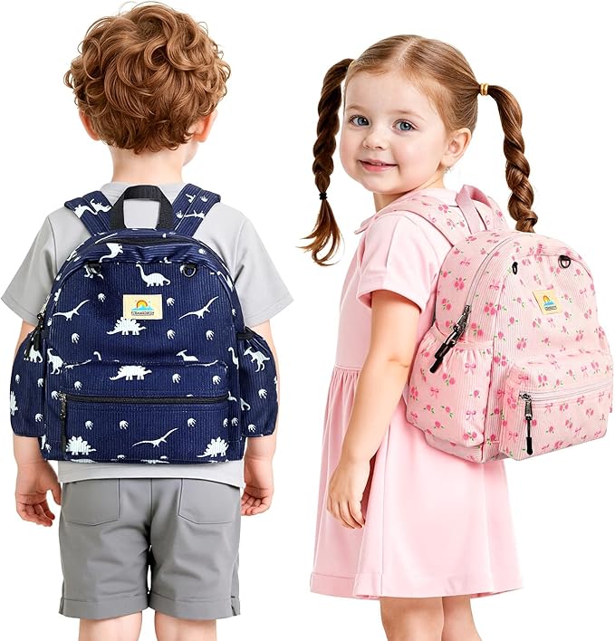 STEAMEDBUN Corduroy Toddler Backpack for Boys 2-4: Kids backpack for Boys Girls - 12 inch Preschool Kindergarten Backpacks - Dinosaur
