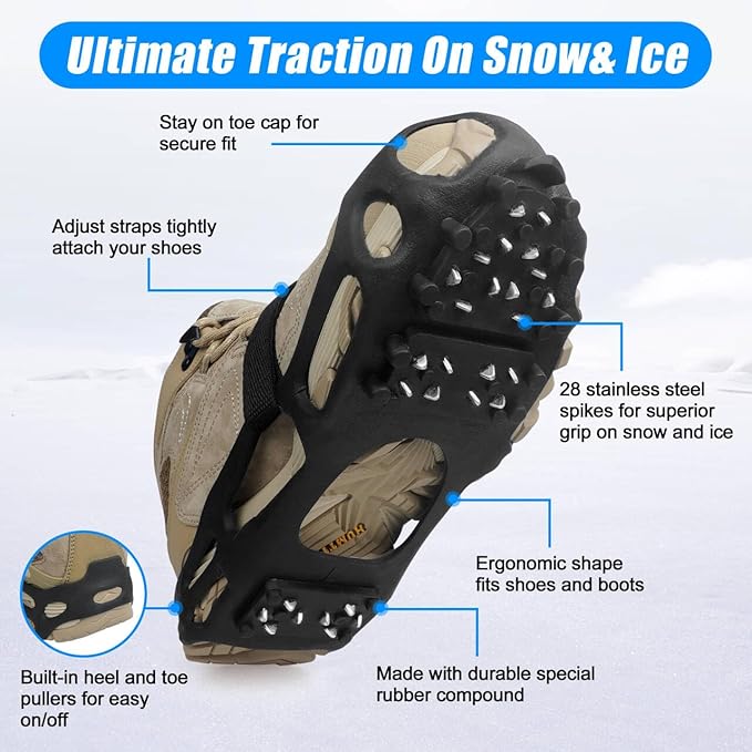 Ice Cleats Snow Walk Traction Cleats Crampon for Walking on Snow and Ice Upgrade 28 Studs Non-Slip Overshoe Rubber Anti Slip Crampons Slip-on Stretch Footwear